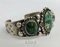 Navajo Fred Harvey Era Turquoise Sterling Silver Stamped Cuff Bracelet (réparation)