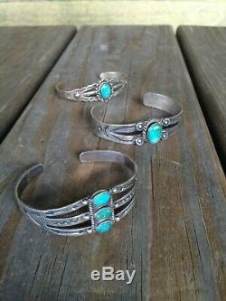Navajo Fred Harvey Lot De 3 Bracelets Thunderbird En Argent Turquoise Et Argent Sterling