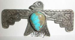 Navajo Old Fred Gage Harvey Era Sterling Argent Thunderbird Turquoise Broche