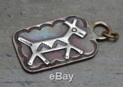 Navajo Vtg Vieux Pion Trading Post Fred Harvey Chien Tag Cuivre Argent Horse Fob