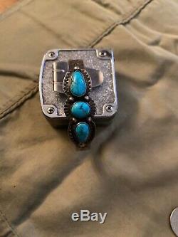 Old Fred Gage Harvey Era Navajo Estampé En Argent Sterling Turquoise Bracelet
