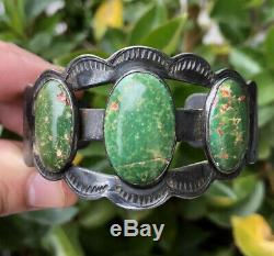 Old Fred Gage Harvey Era Navajo Vert Turquoise Bracelet En Argent Sterling