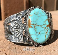 Old Fred Harvey Era Navajo # 8 Spiderweb Turquoise En Argent Sterling Bracelet