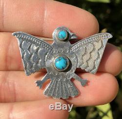 Old Fred Harvey Era Navajo Thunderbird Spiderweb Turquoise Sterling Argent Pin