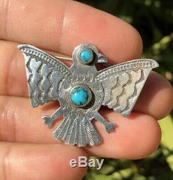 Old Fred Harvey Era Navajo Thunderbird Spiderweb Turquoise Sterling Argent Pin