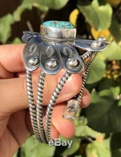 Old Fred Harvey Era Navajo Thunderbird & Turquoise Bracelet En Argent Sterling