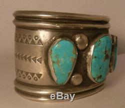 Old Gage Navajo Sterling Silver Turquoise Fred Harvey Era Bracelet Manchette 130 Grammes
