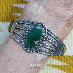 Old Navajo Dark Green Turquoise Sterling Cuff Bracelet Fred Harvey Era Stamped