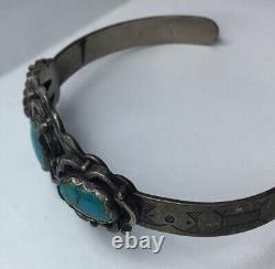 Old Navajo Sterling Turquoise Cuff Bracelet Fred Harvey Era Fait À La Main Estampillé