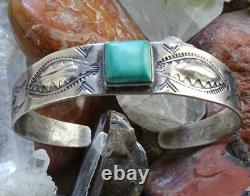 Old Navajo Turquoise Cuff Bracelet Timbre Décoré Argent Sterling Fred Harvey