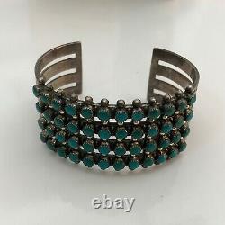 Old Pawn Fred Harvey Era Sterling Silver 4 Rangées Petti-point Turquoise Bracelet