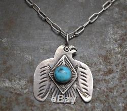 Old Pawn Navajo Fred Harvey Thunderbird Pendentif Fob Collier Turquoise Argent
