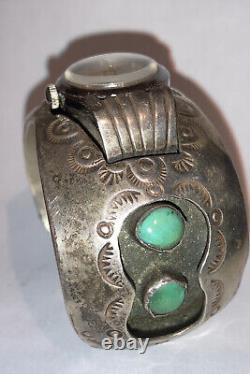 Old Pawn Navajo Sterling Silver Turquoise Bracelet Montres Band Fred Harvey Era