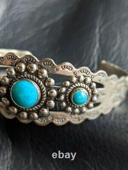 Old Turquoise Fred Harvey Era Navajo Sterling Silver Thunderbird Bracelet