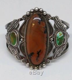 Rare 1930 Sterling Silver Turquoise Bois Pétrifié Bracelet Fred Harvey Era