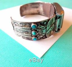 Rare Fred Harvey Era Sterling Silver Turquoise Navajo Knifewing Montre Manchette
