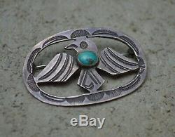 Rare Vtg Vieux Pion Navajo Fred Harvey Epoque Argent Turquoise Thunderbird Pin Des Années 1930