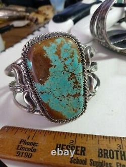 Rare Wow Antique Navajo Sterling Fred Harvey Manchette Énorme Turquoise #8 50grms