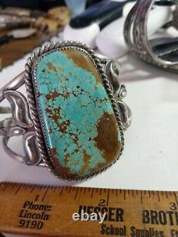 Rare Wow Antique Navajo Sterling Fred Harvey Manchette Énorme Turquoise #8 50grms
