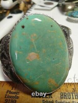 Rare Wow Antique Navajo Sterling Fred Harvey Manchette Énorme Turquoise. Vert