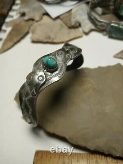 Rare Wow Antique Navajo Sterling Fred Harvey Snake Manchette Turquoise Vieille Pierre