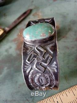Rare Wow Antique Navajo Sterling Fred Harvey Sous-brassard Turquoise Tourbillonnant Journal