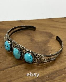 Serling Silver Navajo Style 3 Turquoise Pierre Petit Bracelet Cuff Child