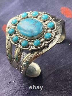 Superbe Bracelet Manchette en Nickel Argenté Fred Harvey avec Turquoise