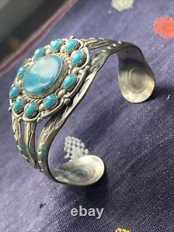 Superbe Bracelet Manchette en Nickel Argenté Fred Harvey avec Turquoise