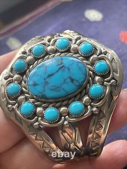 Superbe Bracelet Manchette en Nickel Argenté Fred Harvey avec Turquoise