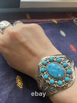 Superbe Bracelet Manchette en Nickel Argenté Fred Harvey avec Turquoise