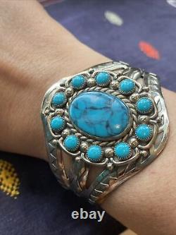 Superbe Bracelet Manchette en Nickel Argenté Fred Harvey avec Turquoise