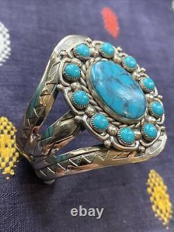 Superbe Bracelet Manchette en Nickel Argenté Fred Harvey avec Turquoise