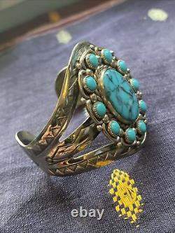 Superbe Bracelet Manchette en Nickel Argenté Fred Harvey avec Turquoise