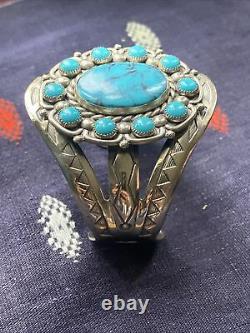 Superbe Bracelet Manchette en Nickel Argenté Fred Harvey avec Turquoise