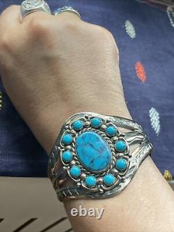 Superbe Bracelet Manchette en Nickel Argenté Fred Harvey avec Turquoise