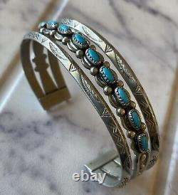 Superbe bracelet en nickel argenté Double Carinated Snake Eyes Turquoise de Fred Harvey