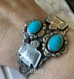 Superbe bracelet manchette en argent nickelé Fred Harvey avec double motif de Thunderbird et turquoise