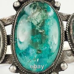 Superbe bracelet manchette en argent sterling 925 antique avec turquoise verte Fred Harvey