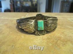 Très Rare Bracelet Thunderbird En Argent Sterling Turquoise D'époque Fred Harvey Époque Navajo