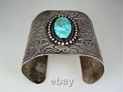 Vie Fred Harvey Ère Stamped Sterling Silver & Spiderweb Turquoise Bracelet