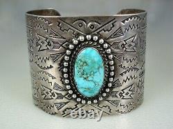 Vie Fred Harvey Ère Stamped Sterling Silver & Spiderweb Turquoise Bracelet