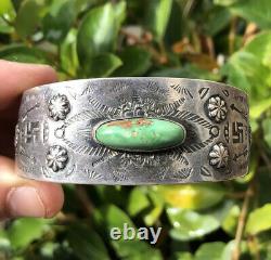 Vieux Fred Harvey Navajo Coin Argent Royston Turquoise Whirling Log Cuff Bracelet