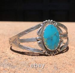 Vieux Pawn Fred Harvey Era Navajo Serre Sterling Turquoise Stamped Cuff Bracelet