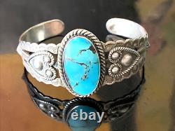 Vieux Pawn Fred Harvey Era Sterling Argent Turquoise W Stamping Cuff Bracelet