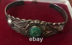 Vieux Pawn Navajo Sterling Argent Fred Harvey Era Turquoise Stamped Cuff Bracelet