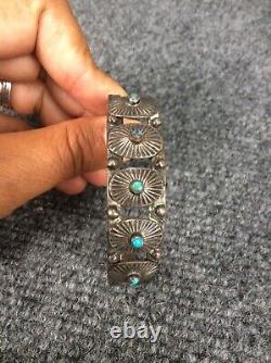 Vieux Pion Argent De L'époque Fred Native American Harvey Timbre Bracelet Manchette Turquoise