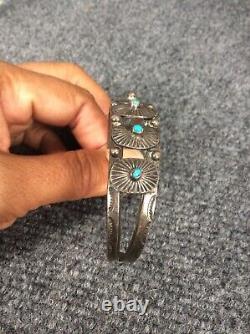 Vieux Pion Argent De L'époque Fred Native American Harvey Timbre Bracelet Manchette Turquoise