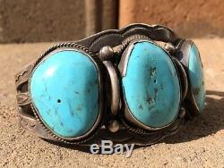 Vieux Pion Fred Harvey Epoque Navajo Bleu Bracelet De Manchette En Argent Sterling Gem Turquoise