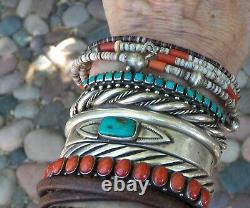 Vieux Vintage Fred Harvey Era Argent Stamped Square Turquoise Row Cuff Bracelet